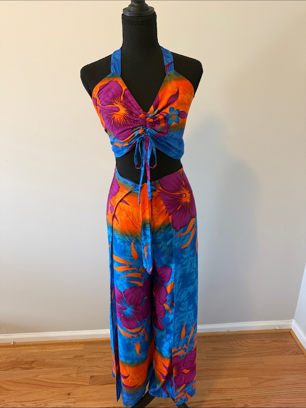 Vibrant Blue & Orange Floral Halter Jumpsuit